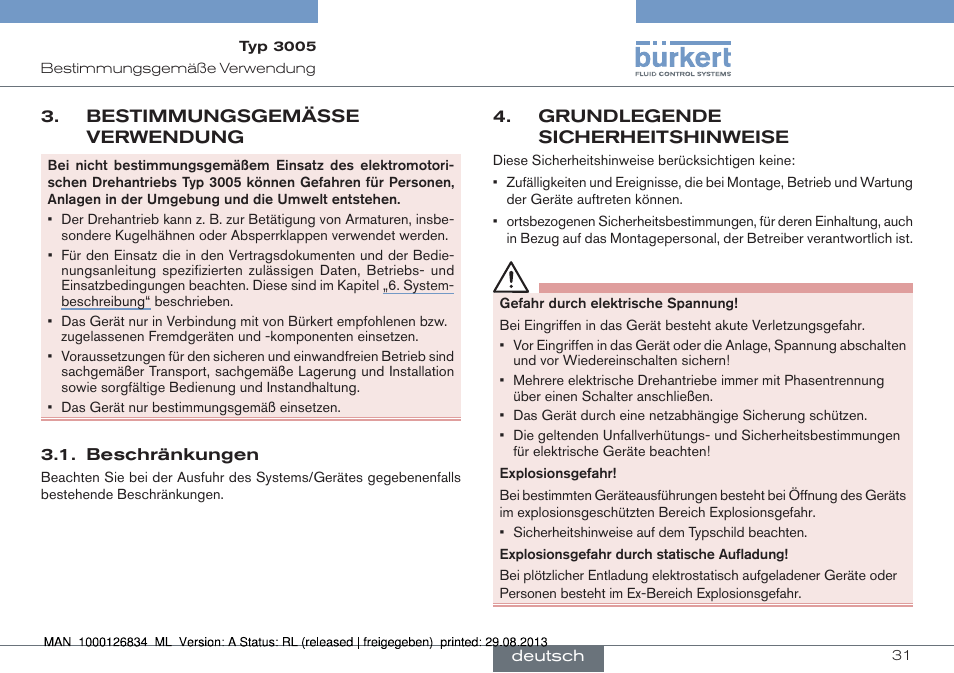 Bestimmungsgemässe verwendung, Beschränkungen, Grundlegende sicherheitshinweise | Burkert Type 3005 User Manual | Page 31 / 82