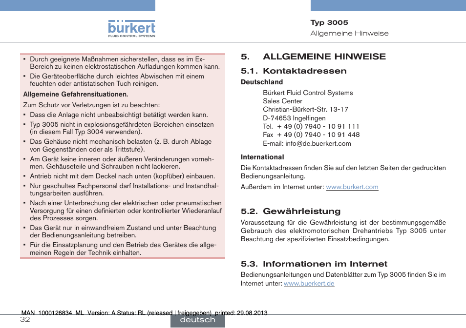 Allgemeine hinweise | Burkert Type 3005 User Manual | Page 32 / 82