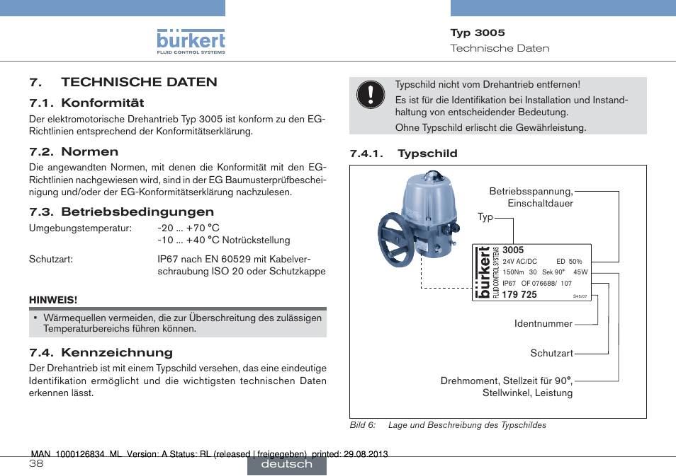 Technische daten | Burkert Type 3005 User Manual | Page 38 / 82