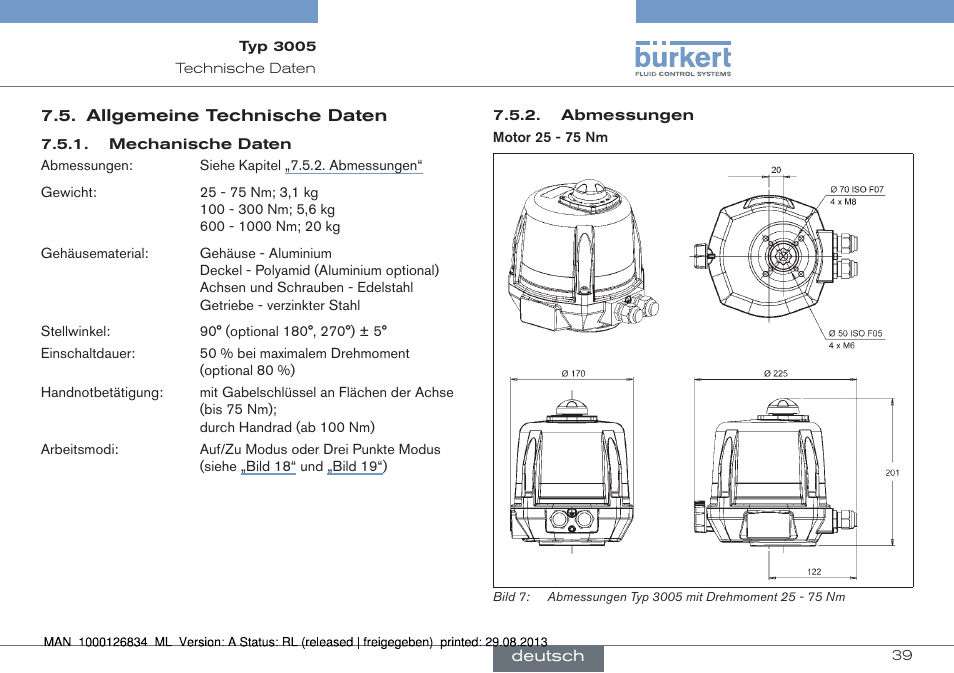 Allgemeine technische daten | Burkert Type 3005 User Manual | Page 39 / 82