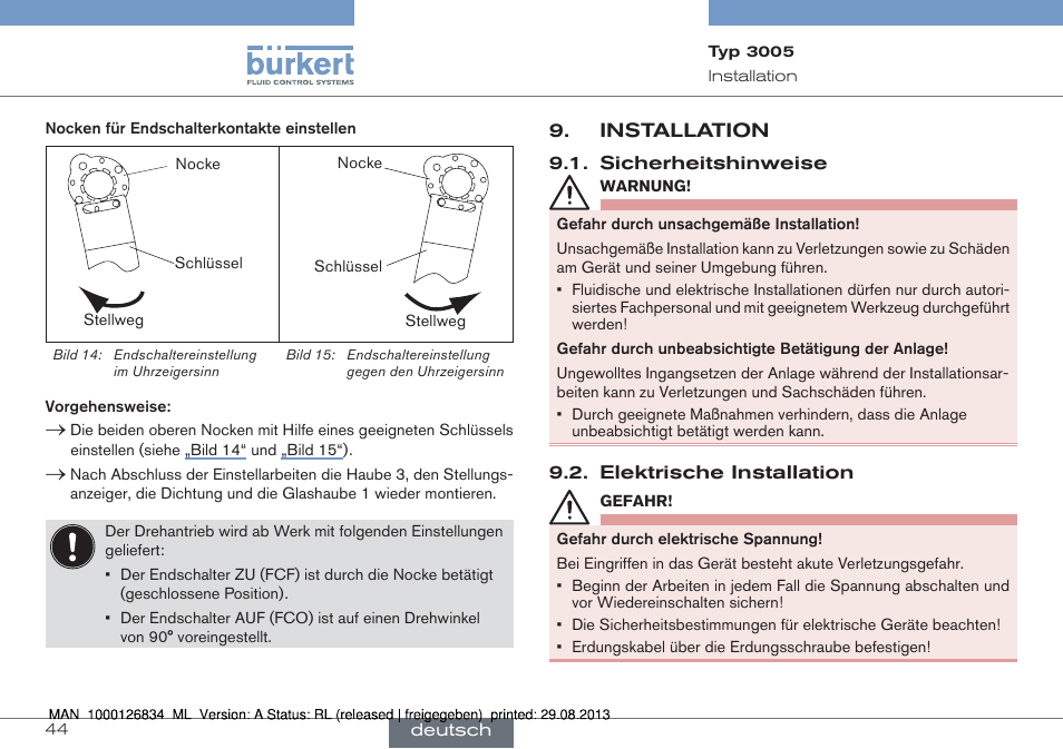 Installation, Sicherheitshinweise 9.2. elektrische installation | Burkert Type 3005 User Manual | Page 44 / 82