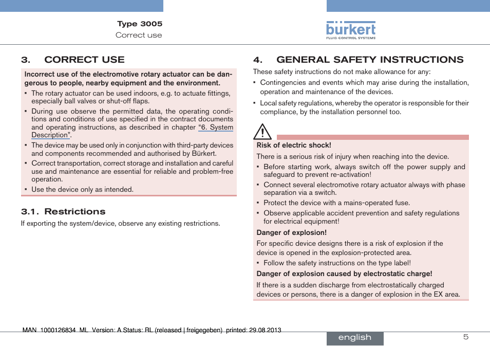 Correct use, Restrictions, General safety instructions | Burkert Type 3005 User Manual | Page 5 / 82