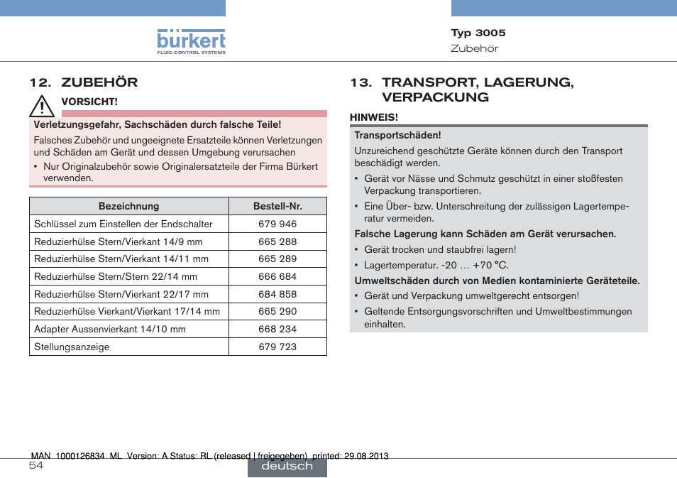 Zubehör, Transport, lagerung, verpackung | Burkert Type 3005 User Manual | Page 54 / 82