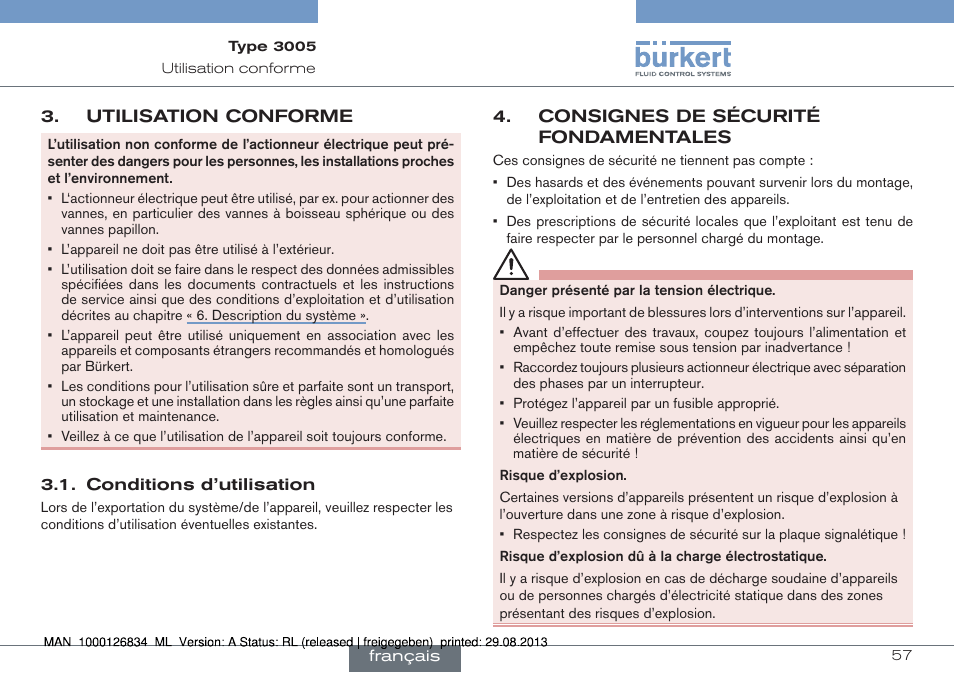 Utilisation conforme, Limitations, Consignes de sécurité fondamentales | Burkert Type 3005 User Manual | Page 57 / 82