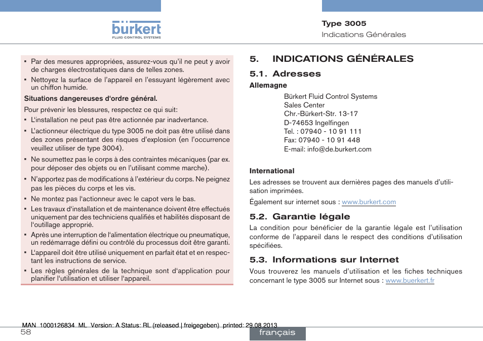 Indications générales | Burkert Type 3005 User Manual | Page 58 / 82
