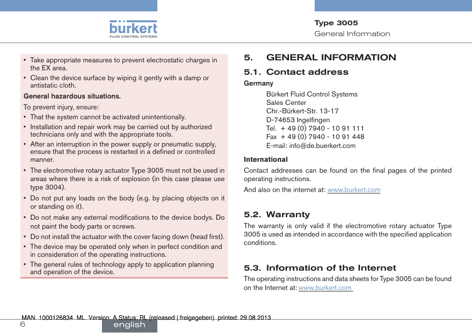 General information | Burkert Type 3005 User Manual | Page 6 / 82