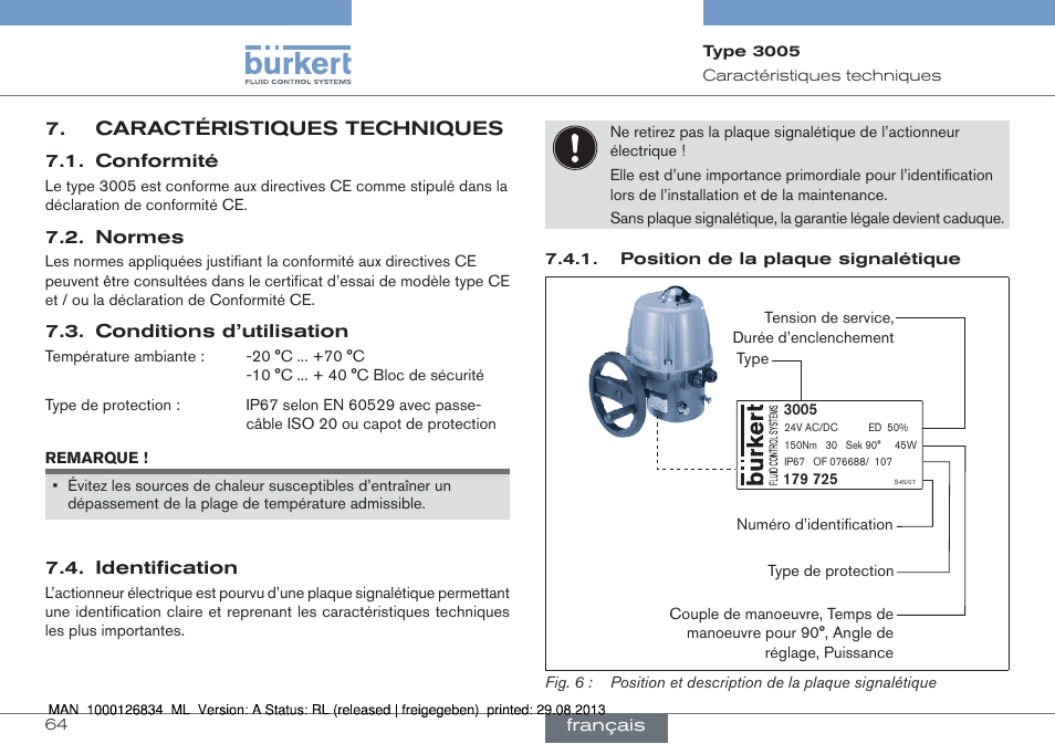 Caractéristiques techniques | Burkert Type 3005 User Manual | Page 64 / 82