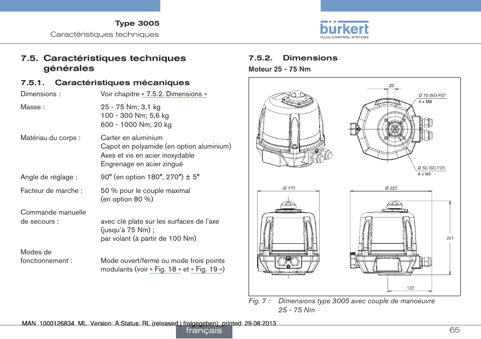 Caractéristiques techniques générales | Burkert Type 3005 User Manual | Page 65 / 82