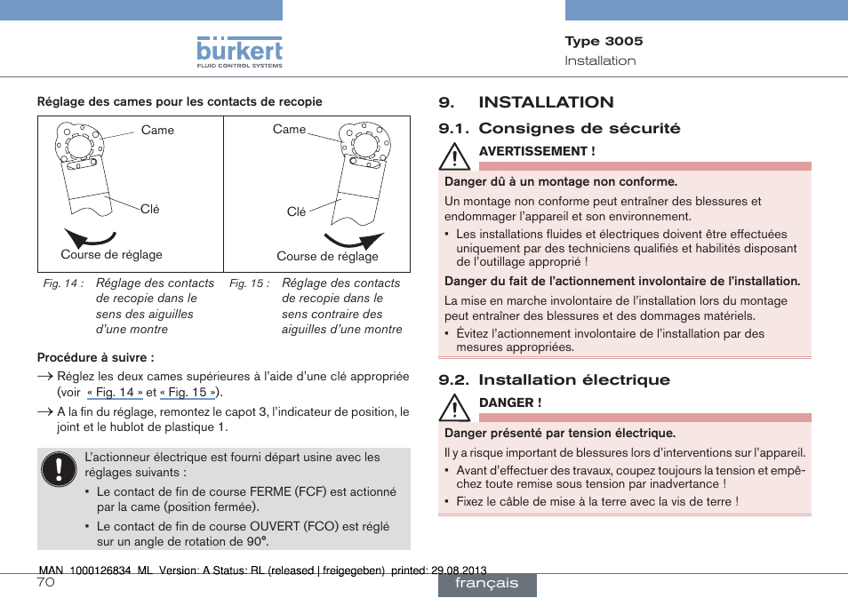 Installation, Consignes de sécurité 9.2. installation électrique | Burkert Type 3005 User Manual | Page 70 / 82