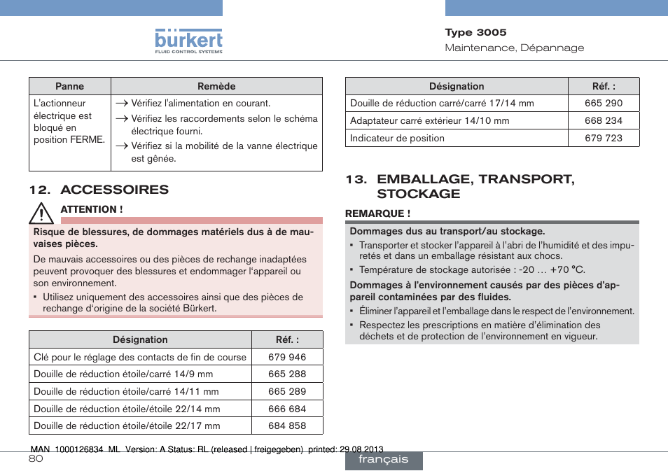 Accessoires, Emballage, transport, stockage | Burkert Type 3005 User Manual | Page 80 / 82