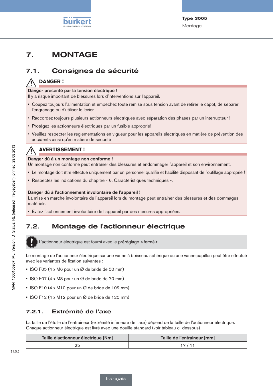 Montage, Consignes de sécurité, Montage de l'actionneur électrique | Burkert Type 3005 User Manual | Page 100 / 124