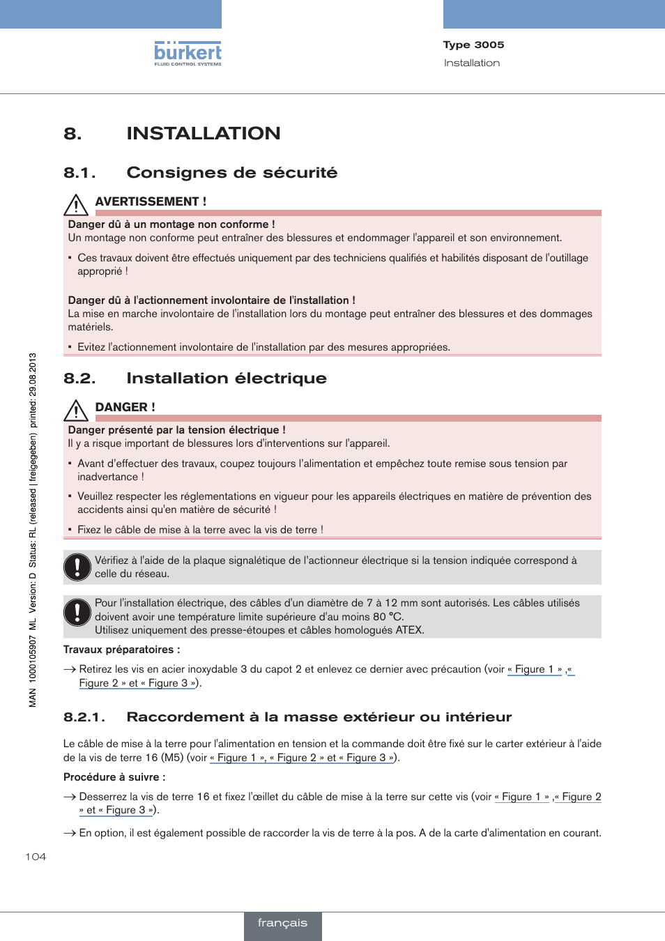 Installation, Consignes de sécurité, Installation électrique | Burkert Type 3005 User Manual | Page 104 / 124