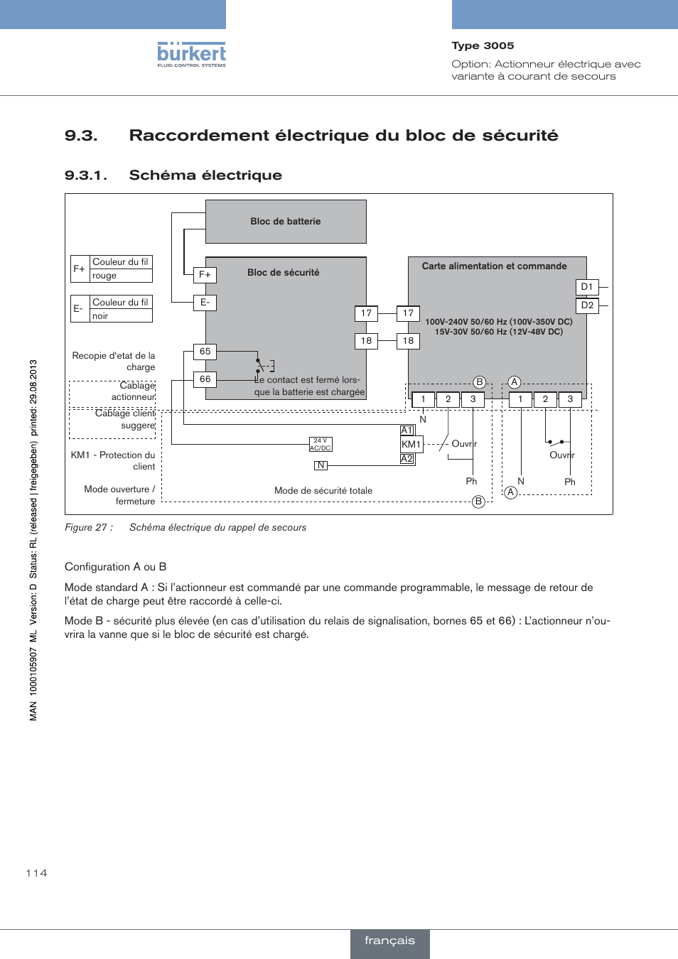 Raccordement électrique du bloc de sécurité, Schéma électrique | Burkert Type 3005 User Manual | Page 114 / 124