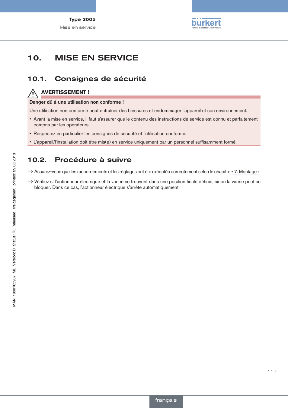 Mise en service, Consignes de sécurité, Procédure à suivre | Burkert Type 3005 User Manual | Page 117 / 124