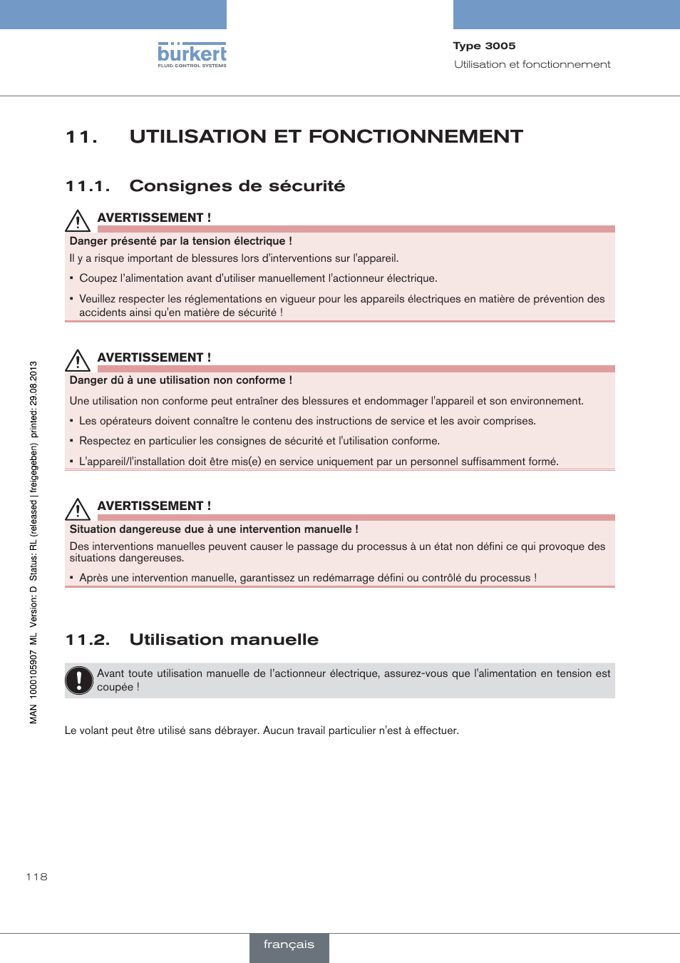 Utilisation et fonctionnement, Consignes de sécurité, Utilisation manuelle | Burkert Type 3005 User Manual | Page 118 / 124