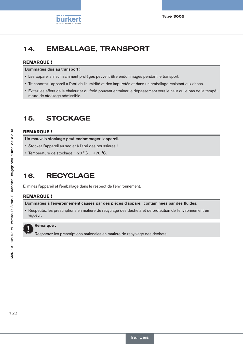 Emballage, transport, Stockage, Recyclage | Burkert Type 3005 User Manual | Page 122 / 124