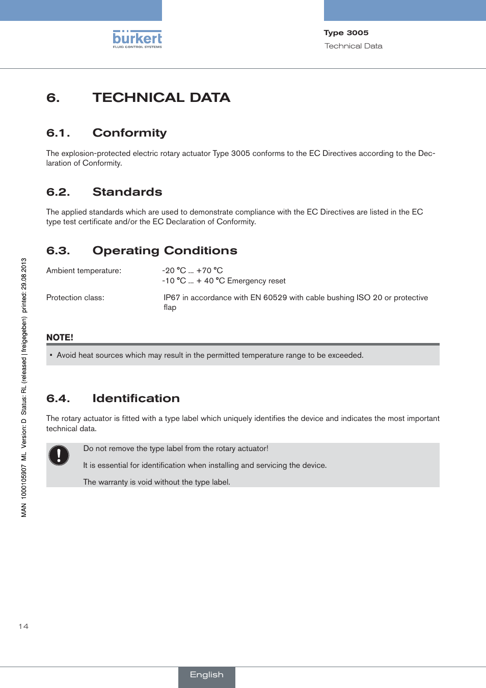 Technical data, Conformity, Standards | Approval, Operating conditions, Identification | Burkert Type 3005 User Manual | Page 14 / 124