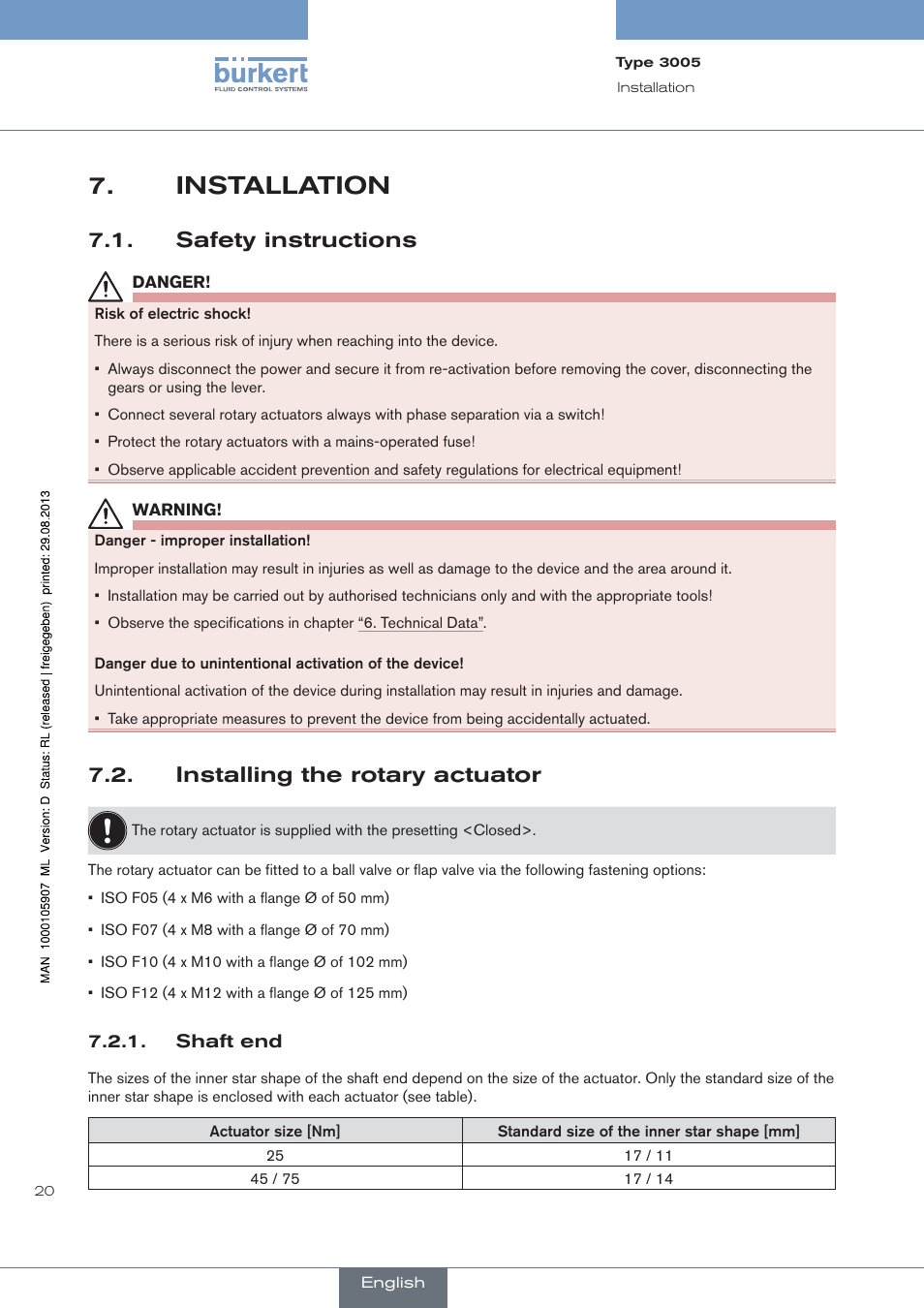 Installation, Safety instructions, Installing the rotary actuator | Burkert Type 3005 User Manual | Page 20 / 124
