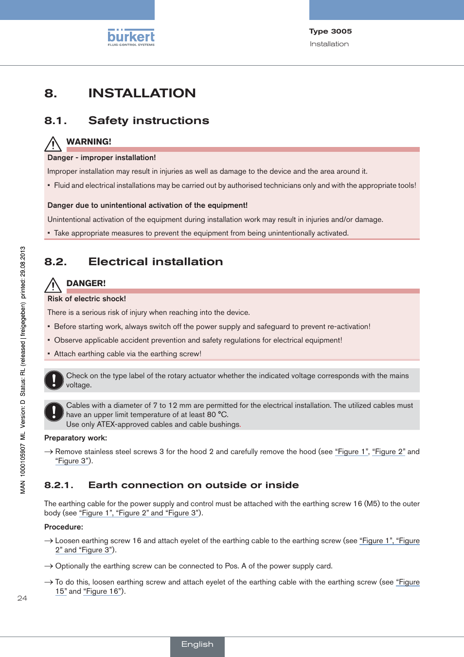 Installation, Safety instructions, Electrical installation | Burkert Type 3005 User Manual | Page 24 / 124