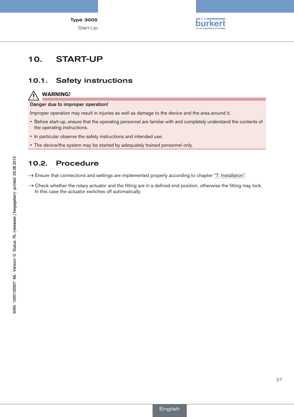 Start-up, Safety instructions, Procedure | Burkert Type 3005 User Manual | Page 37 / 124