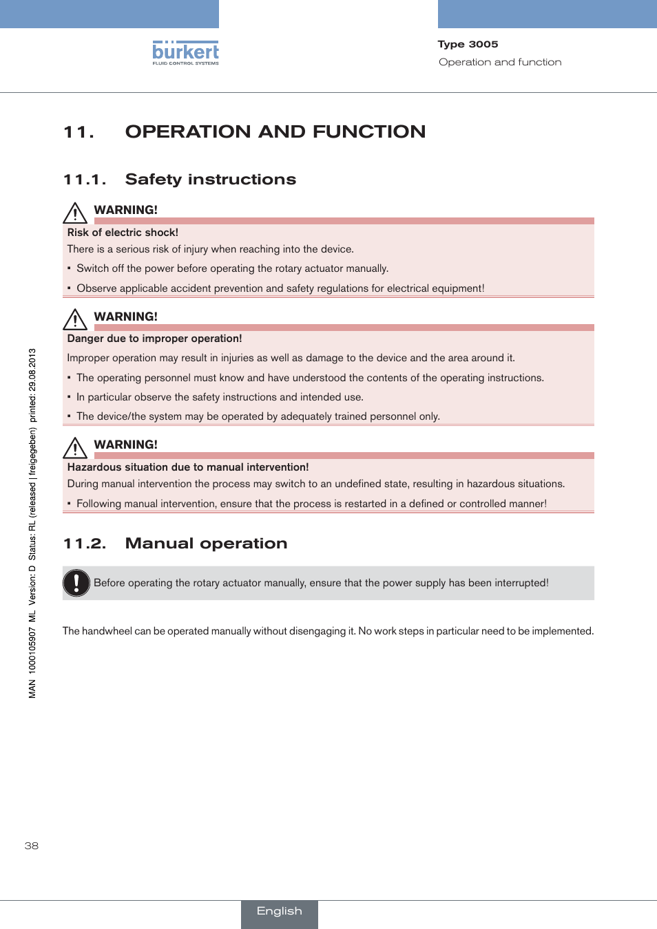 Operation and function, Safety instructions, Manual operation | Burkert Type 3005 User Manual | Page 38 / 124