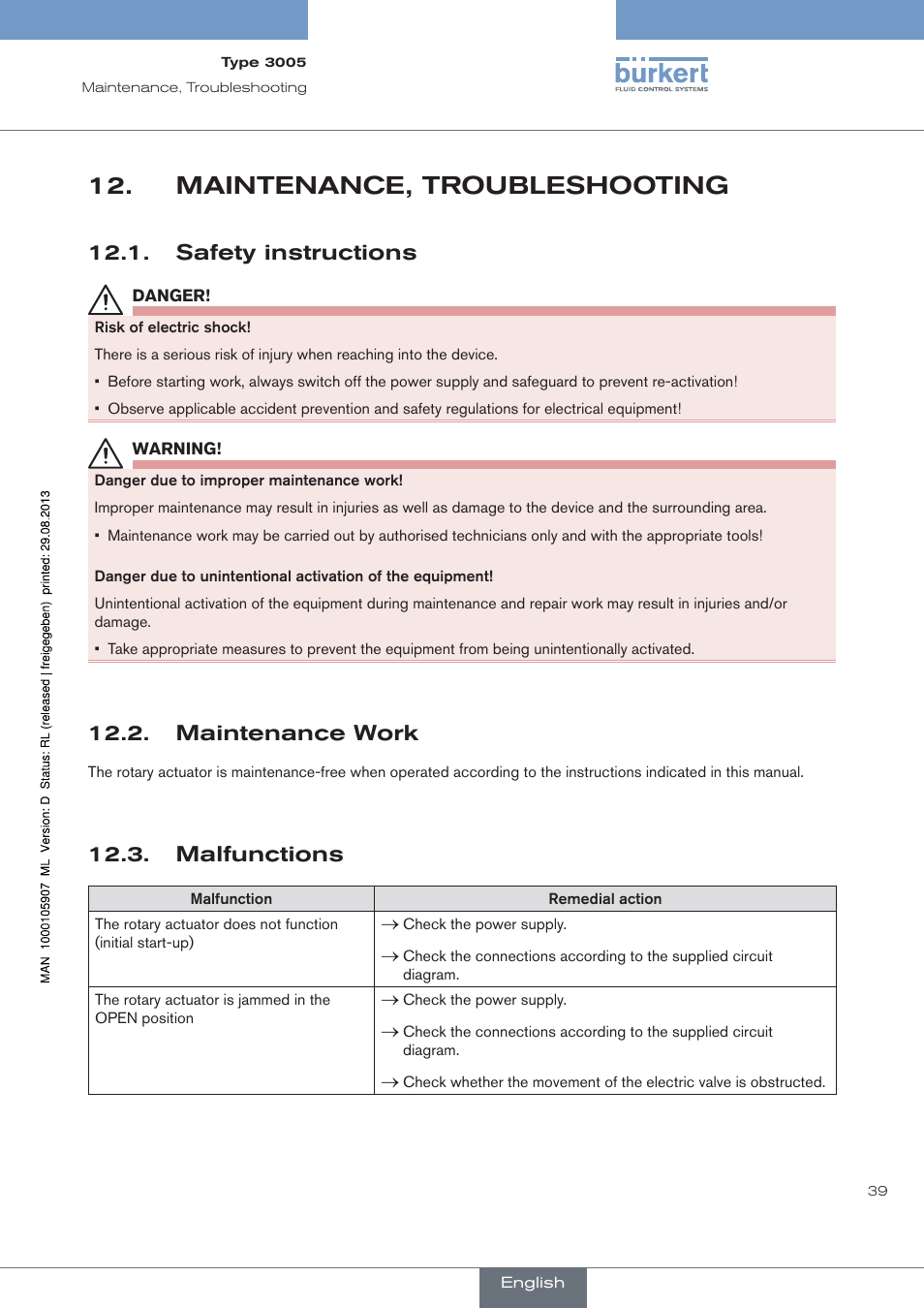 Maintenance, troubleshooting, Safety instructions, Maintenance work | Malfunctions | Burkert Type 3005 User Manual | Page 39 / 124