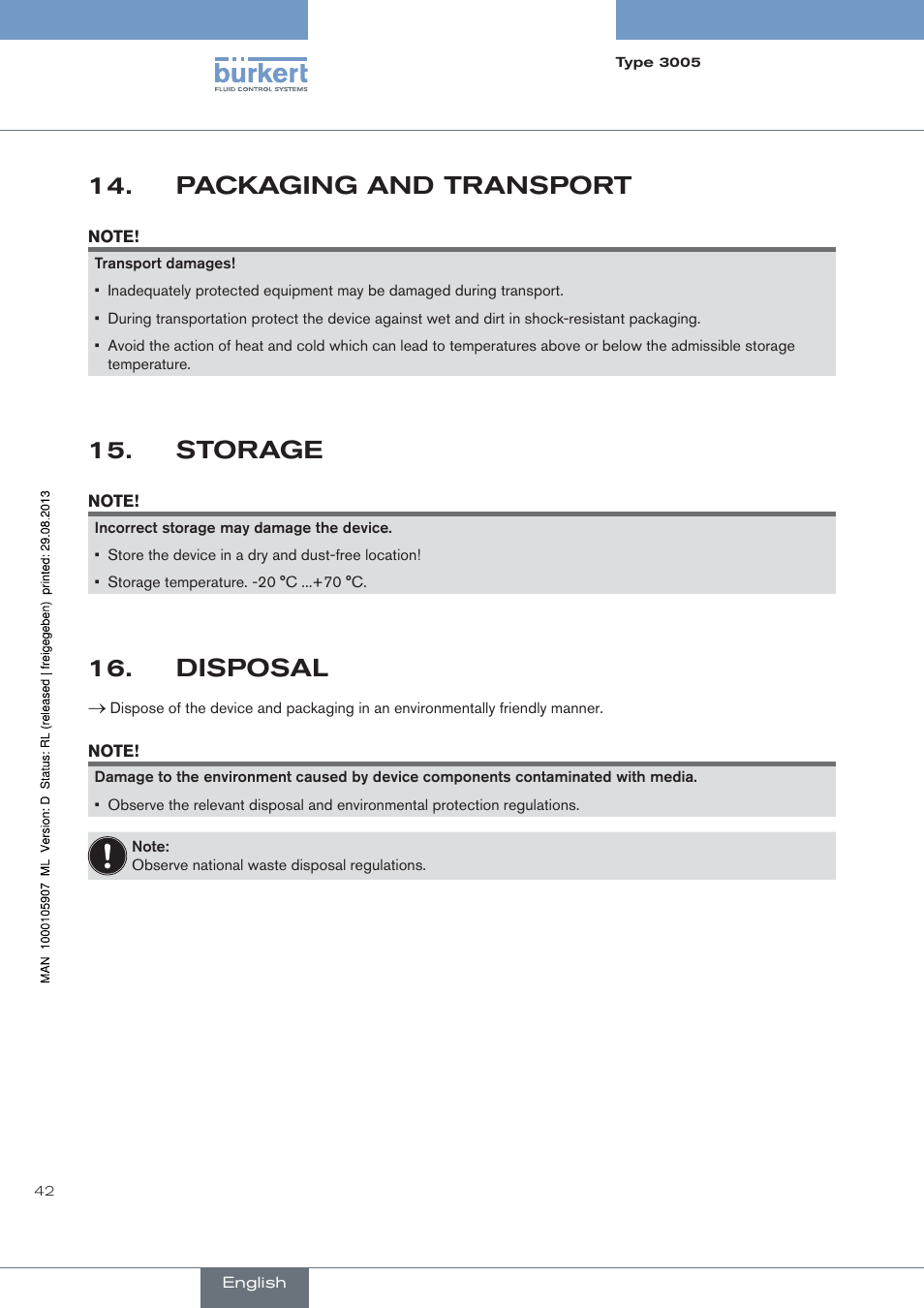 Packaging and transport, Storage, Disposal | Burkert Type 3005 User Manual | Page 42 / 124