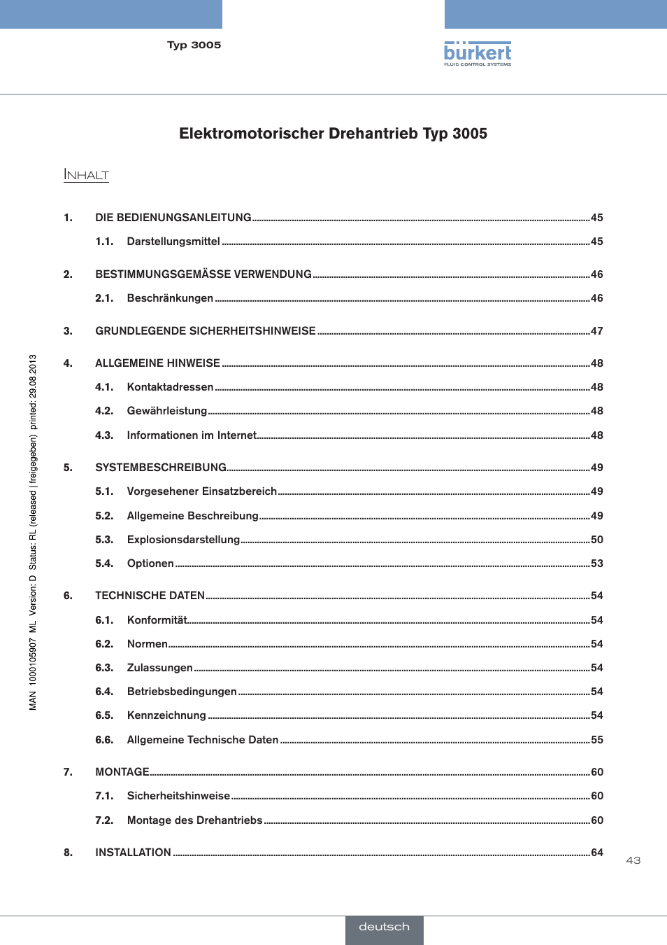 Deutsch, Elektromotorischer drehantrieb typ 3005 i | Burkert Type 3005 User Manual | Page 43 / 124