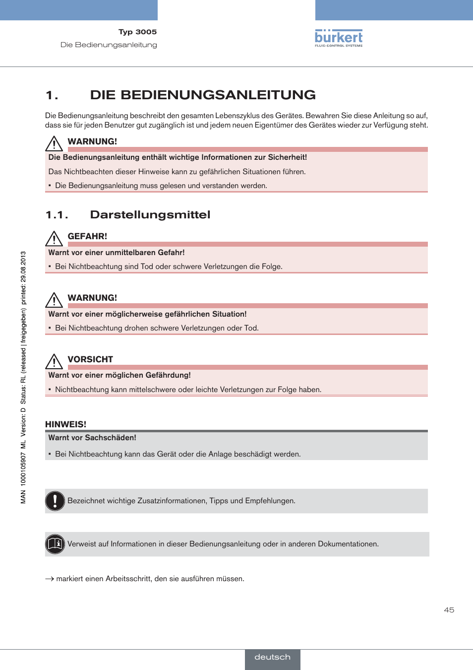 Die bedienungsanleitung, Darstellungsmittel | Burkert Type 3005 User Manual | Page 45 / 124