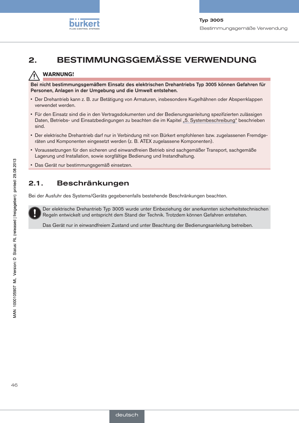 Bestimmungsgemässe verwendung, Beschränkungen | Burkert Type 3005 User Manual | Page 46 / 124