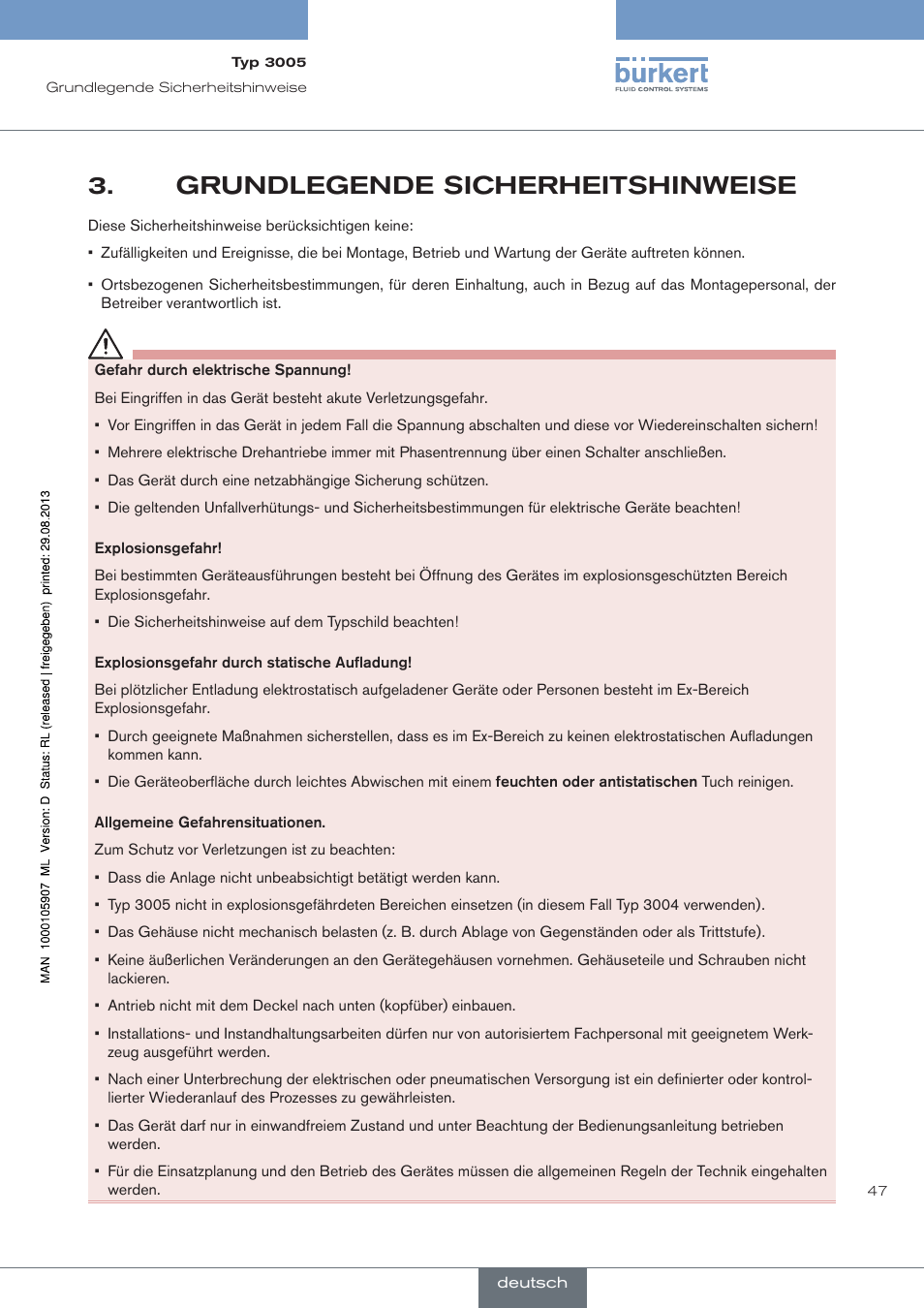 Grundlegende sicherheitshinweise | Burkert Type 3005 User Manual | Page 47 / 124