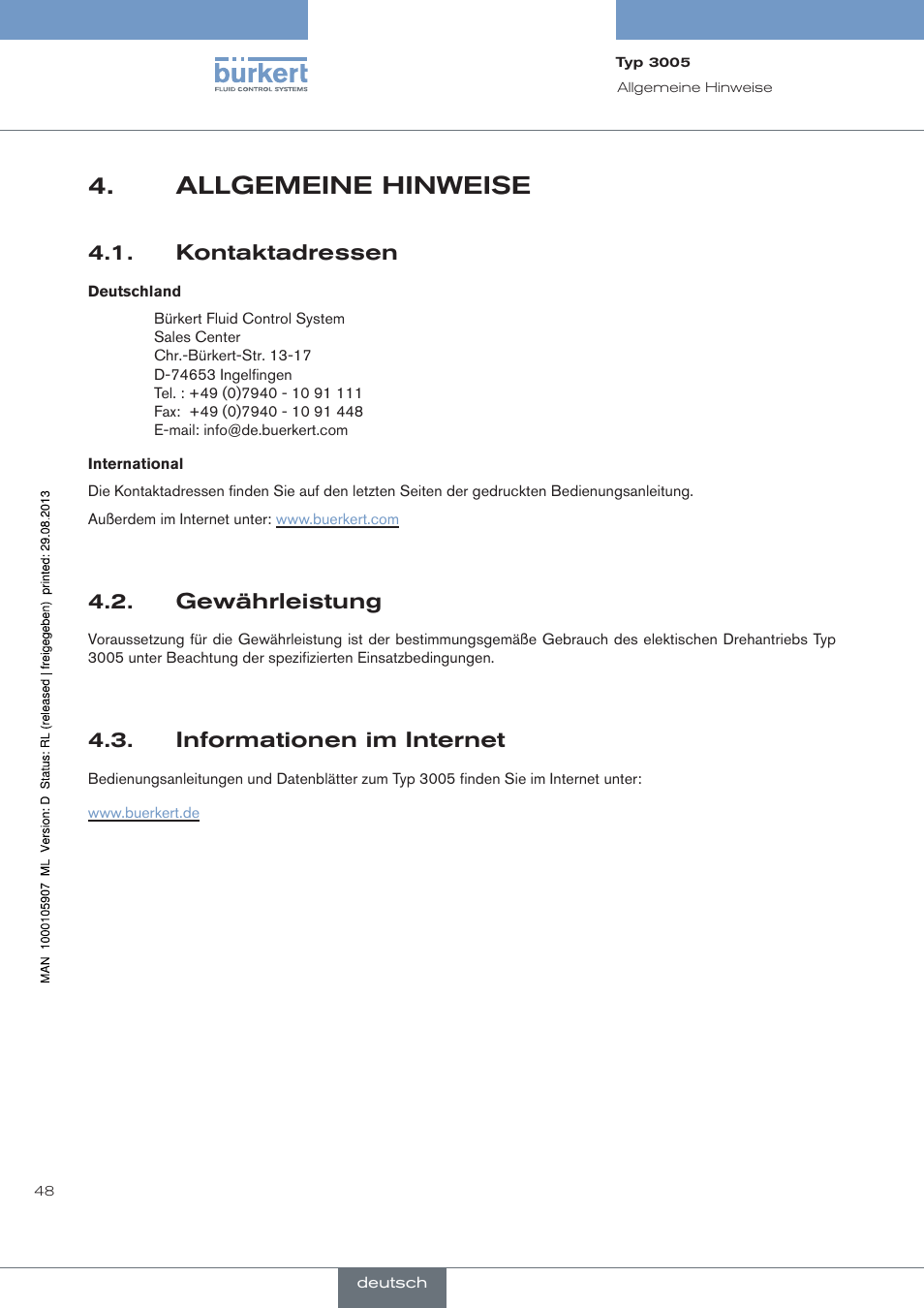 Allgemeine hinweise, Kontaktadressen, Gewährleistung | Informationen im internet | Burkert Type 3005 User Manual | Page 48 / 124