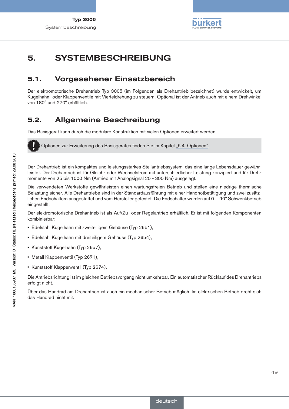 Systembeschreibung, Vorgesehener einsatzbereich, Allgemeine beschreibung | Burkert Type 3005 User Manual | Page 49 / 124