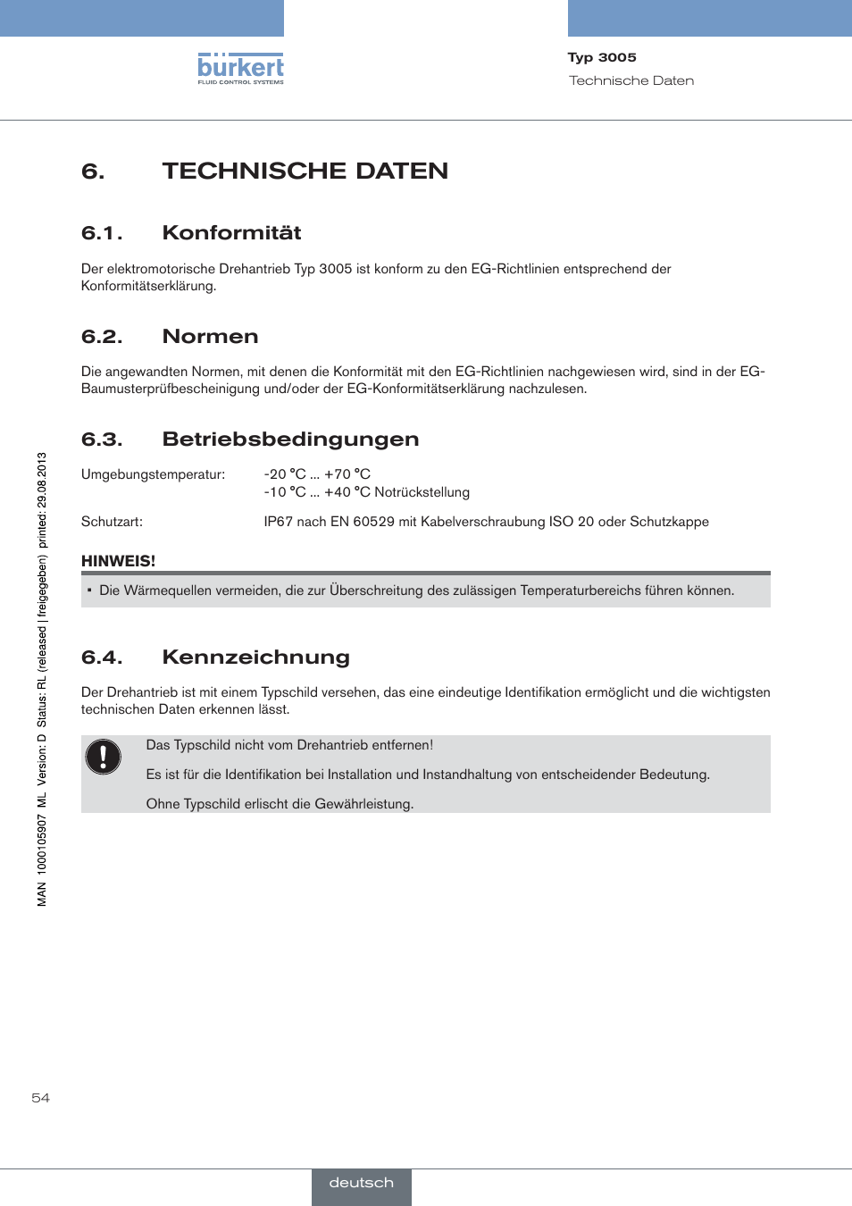 Technische daten, Konformität, Normen | Zulassungen, Betriebsbedingungen, Kennzeichnung | Burkert Type 3005 User Manual | Page 54 / 124