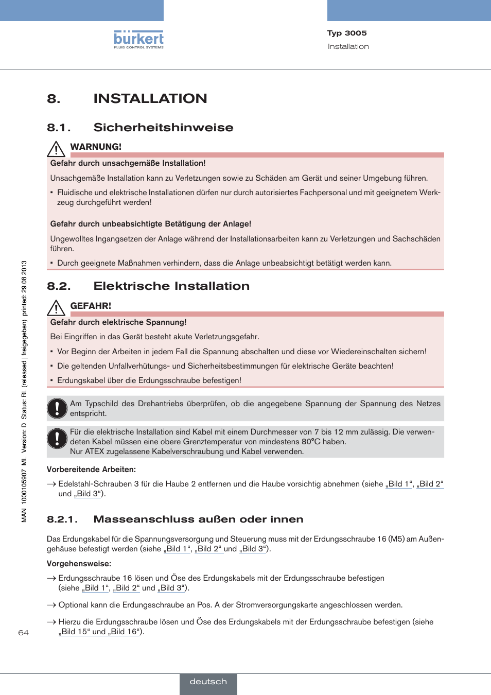 Installation, Sicherheitshinweise, Elektrische installation | Burkert Type 3005 User Manual | Page 64 / 124