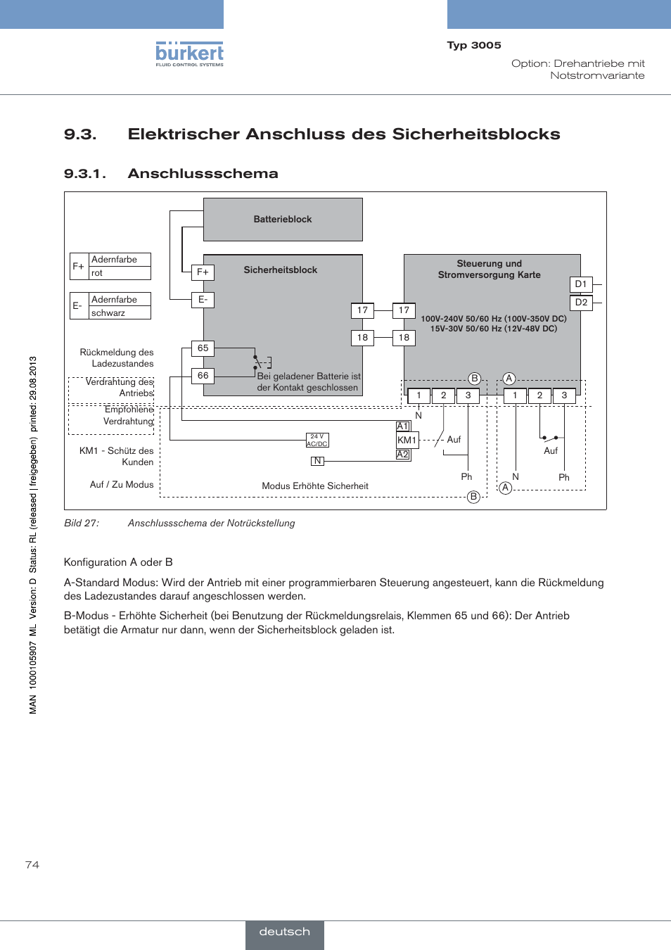 Elektrischer anschluss des sicherheitsblocks, Anschlussschema | Burkert Type 3005 User Manual | Page 74 / 124