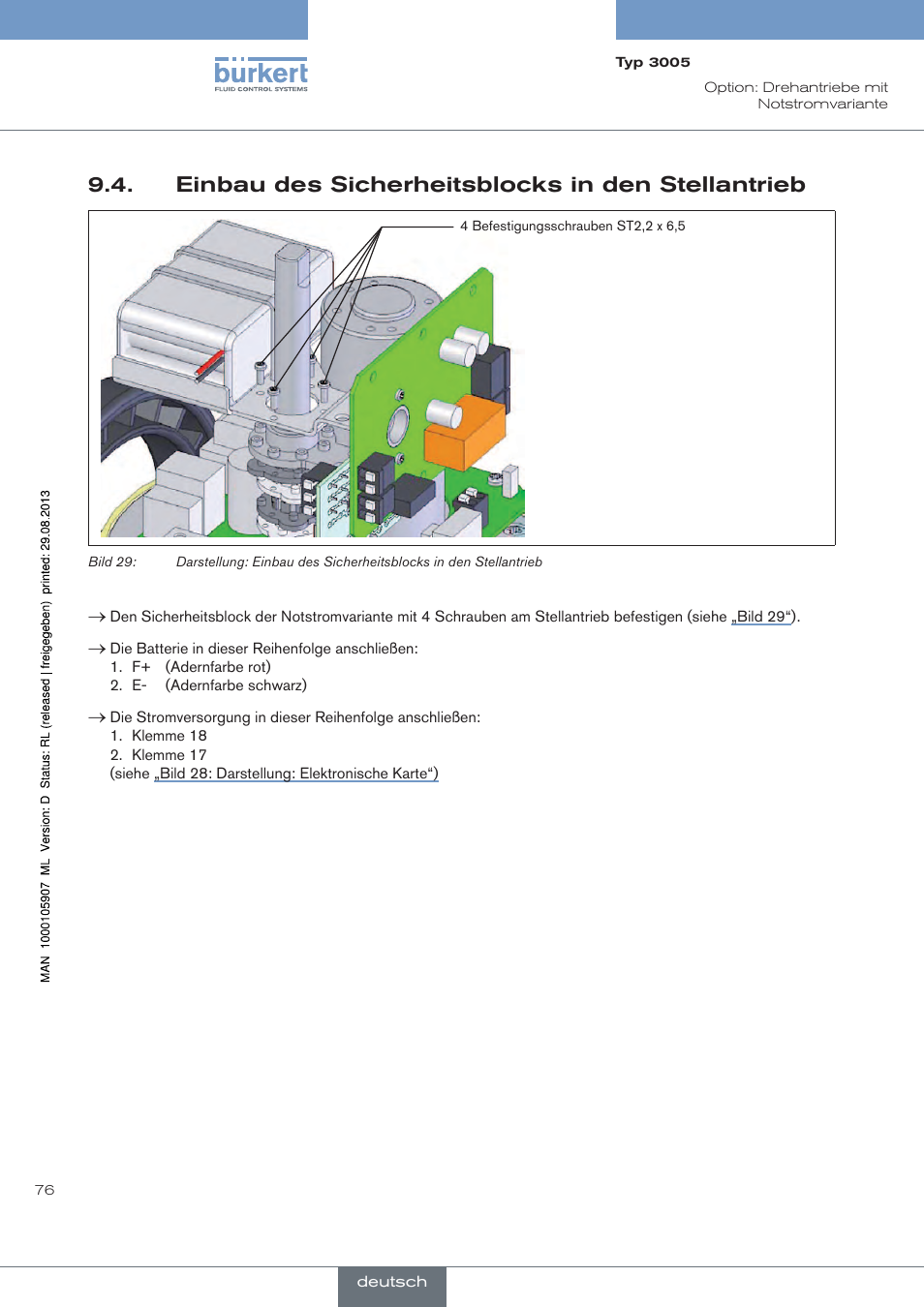 Einbau des sicherheitsblocks in den stellantrieb | Burkert Type 3005 User Manual | Page 76 / 124