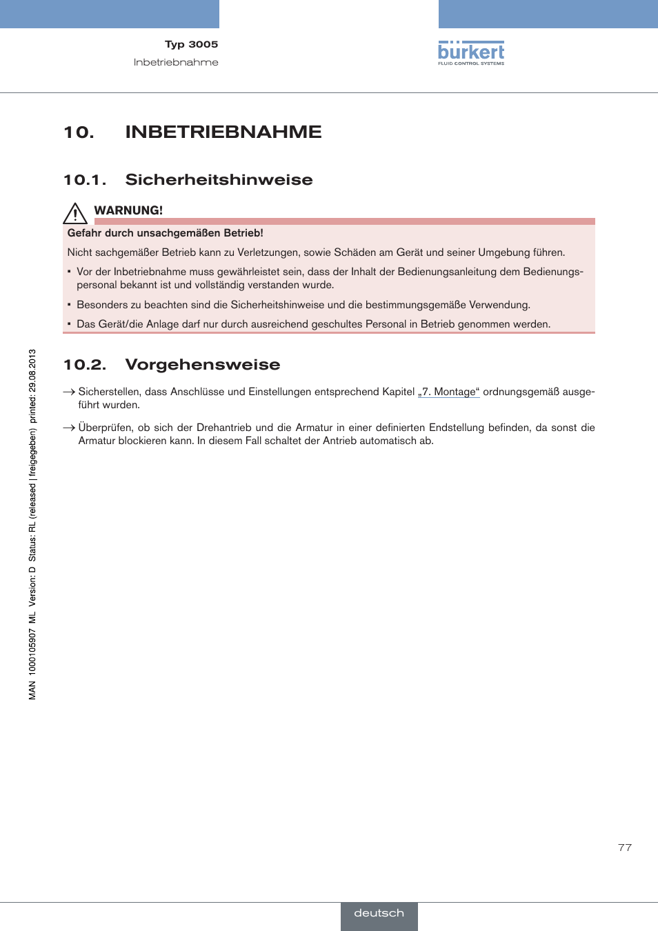 Inbetriebnahme, Sicherheitshinweise, Vorgehensweise | Burkert Type 3005 User Manual | Page 77 / 124