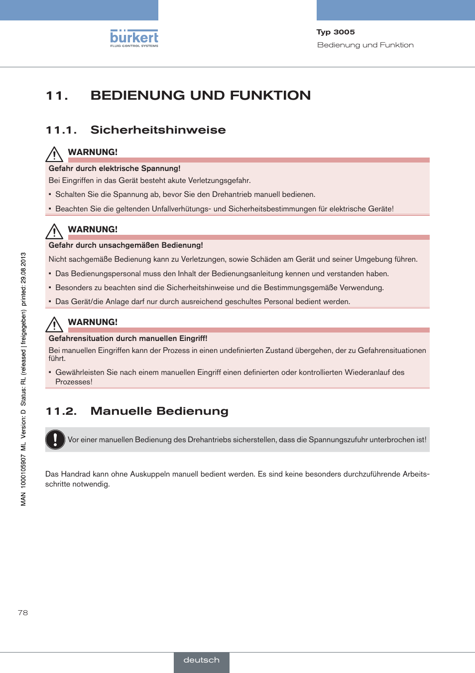 Bedienung und funktion, Sicherheitshinweise, Manuelle bedienung | Burkert Type 3005 User Manual | Page 78 / 124