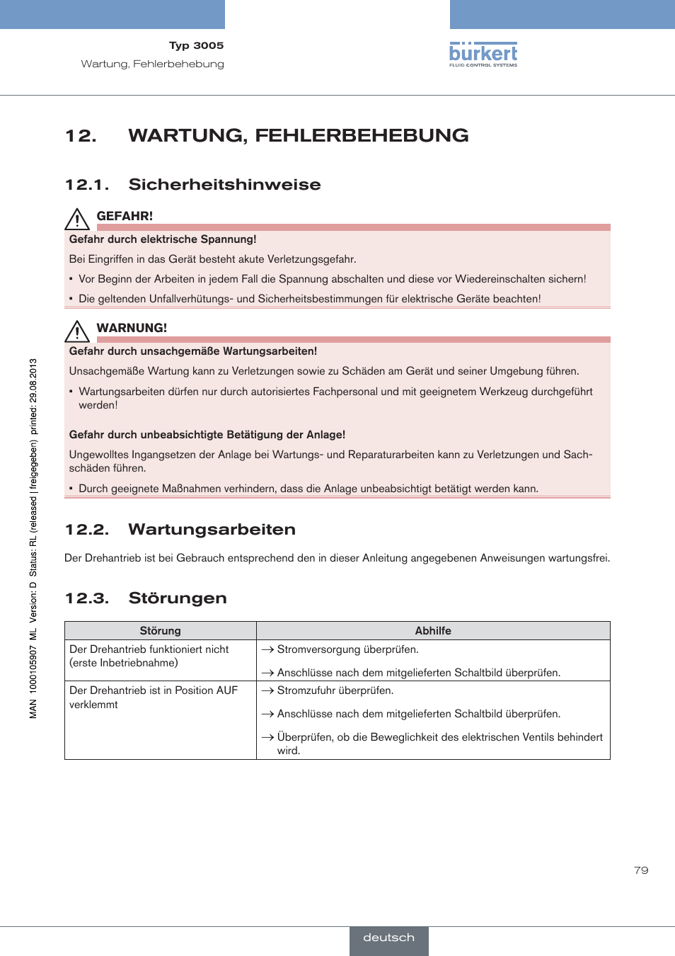 Wartung, fehlerbehebung, Sicherheitshinweise, Wartungsarbeiten | Störungen | Burkert Type 3005 User Manual | Page 79 / 124