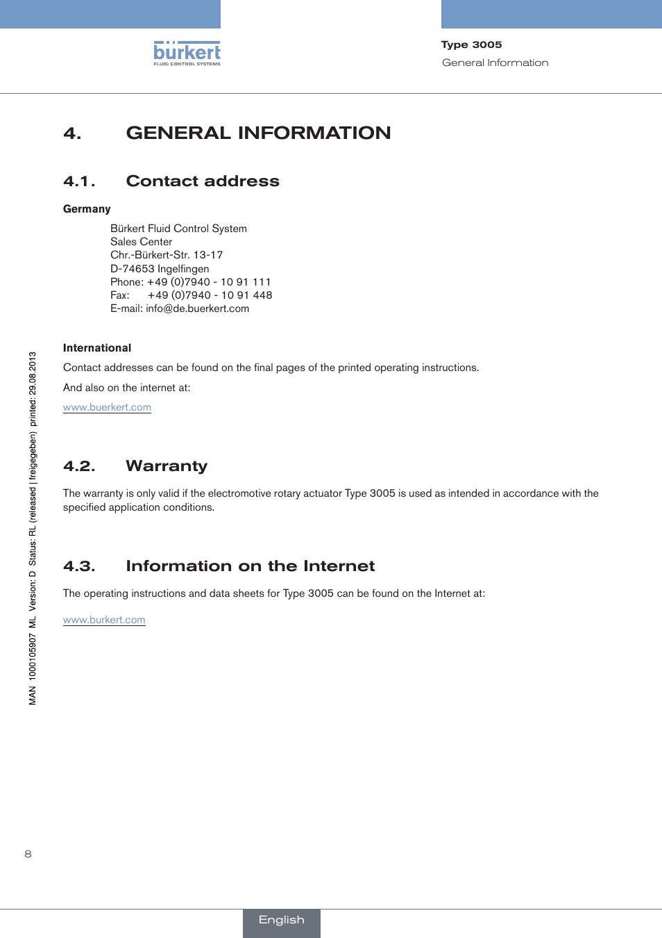 General information, Contact address, Warranty | Information on the internet | Burkert Type 3005 User Manual | Page 8 / 124