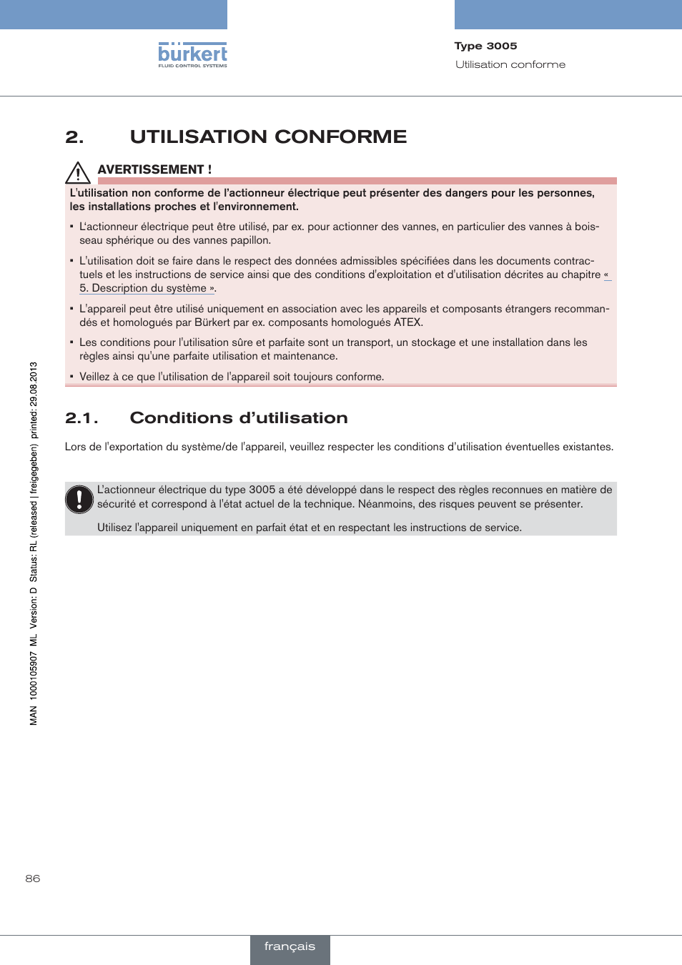 Utilisation conforme, Conditions d’utilisation | Burkert Type 3005 User Manual | Page 86 / 124