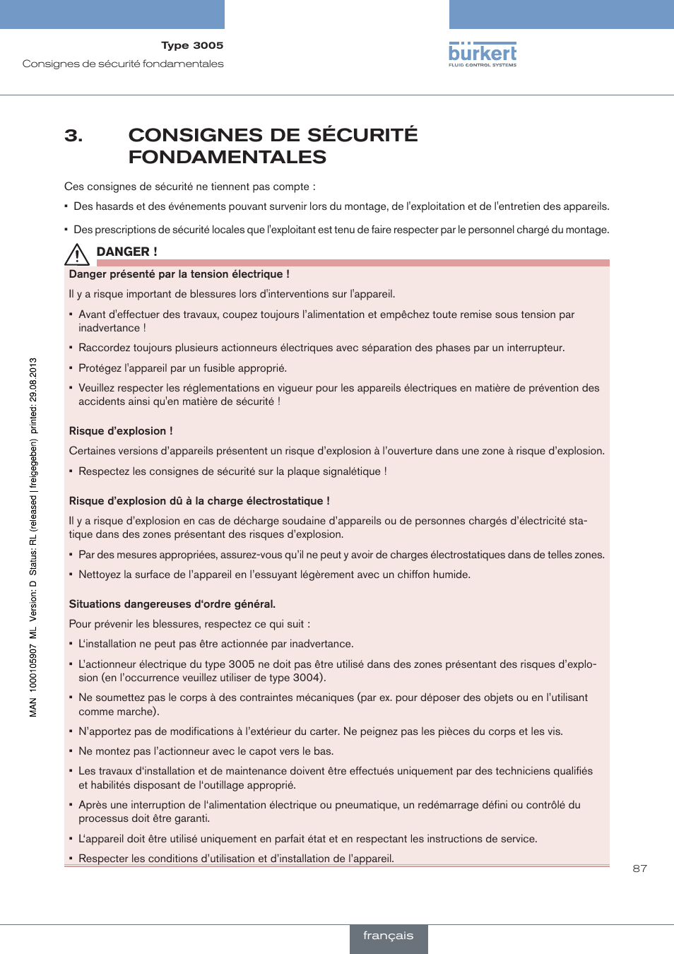 Consignes de sécurité fondamentales | Burkert Type 3005 User Manual | Page 87 / 124