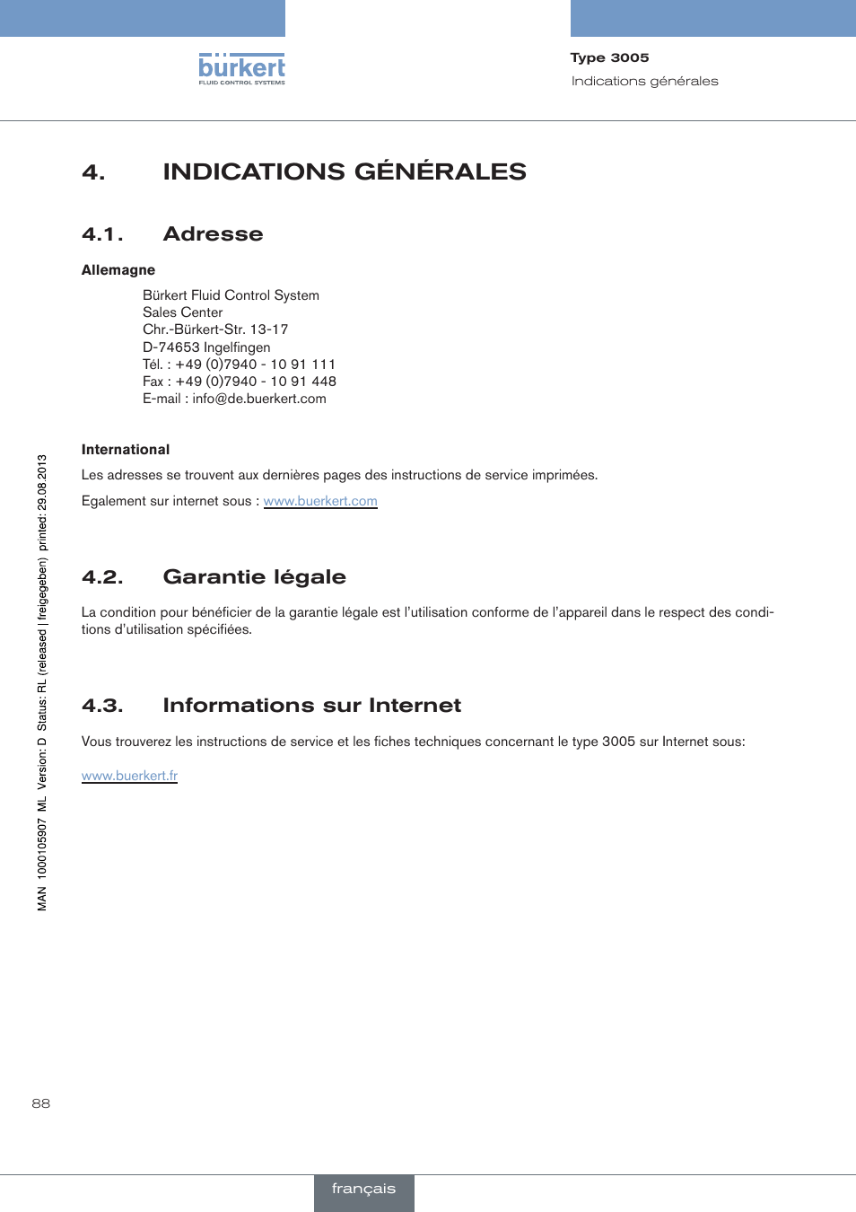 Indications générales, Adresse, Garantie légale | Informations sur internet | Burkert Type 3005 User Manual | Page 88 / 124