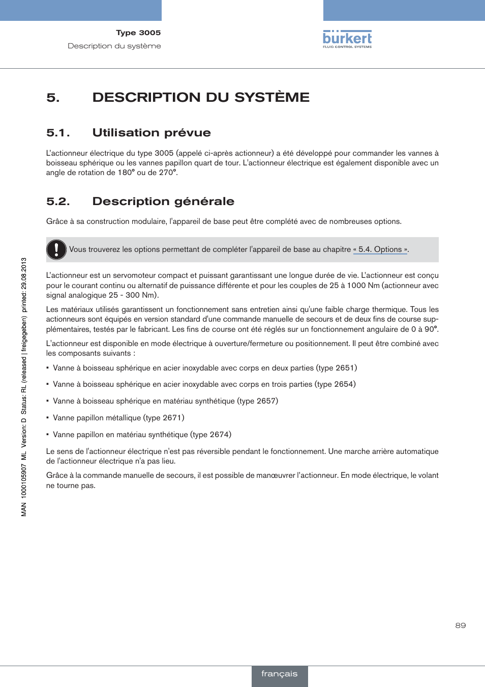 Description du système, Utilisation prévue, Description générale | Burkert Type 3005 User Manual | Page 89 / 124