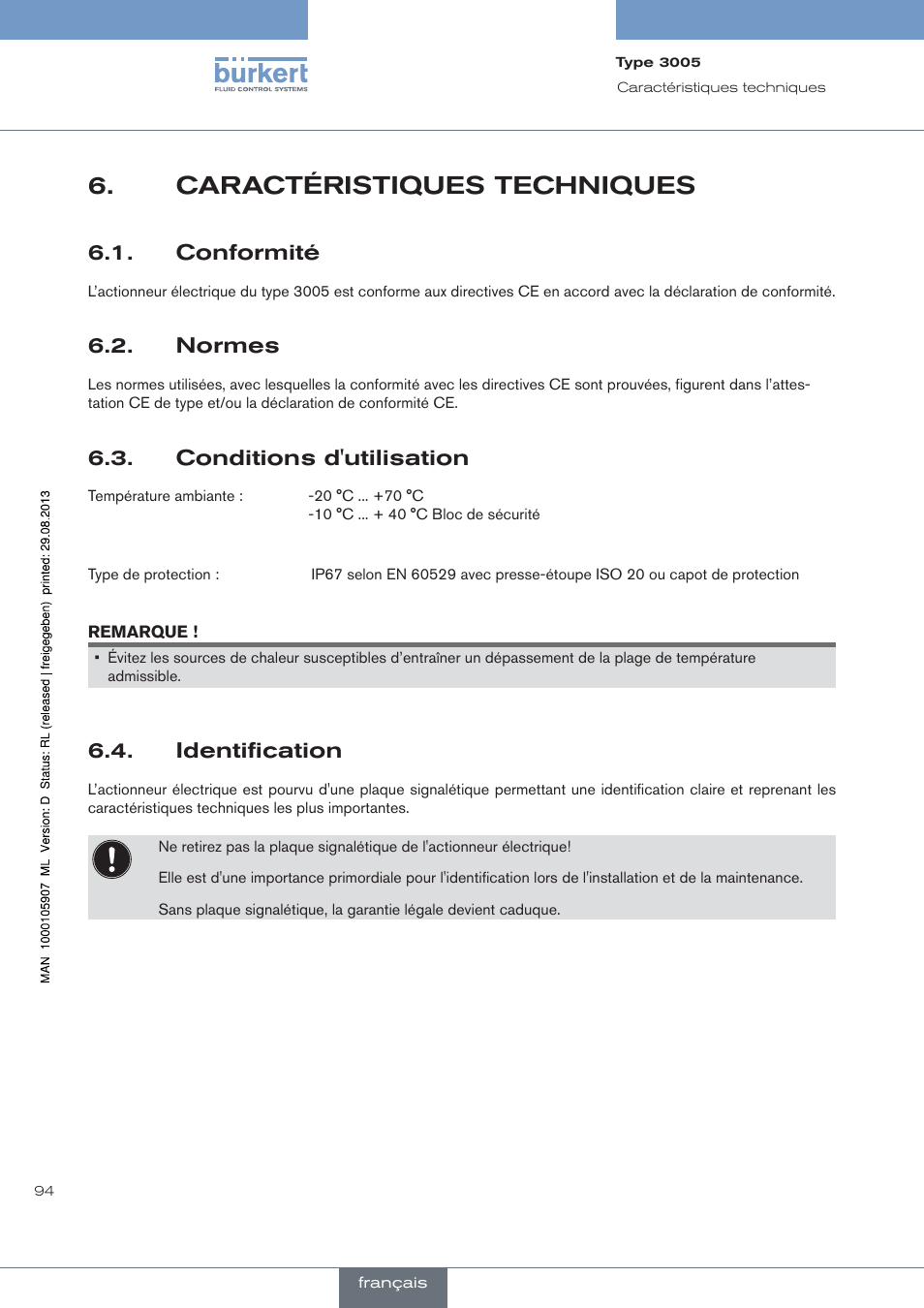 Caractéristiques techniques, Conformité, Normes | Homologations, Conditions d'utilisation, Identification | Burkert Type 3005 User Manual | Page 94 / 124