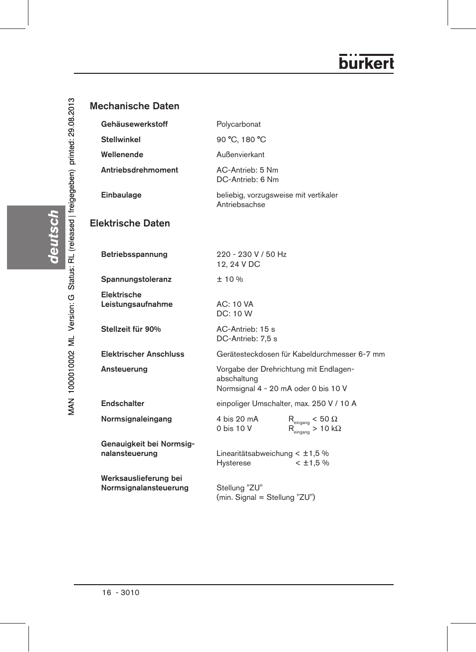 Deutsch, Mechanische daten, Elektrische daten | Burkert Type 3010 User Manual | Page 18 / 34