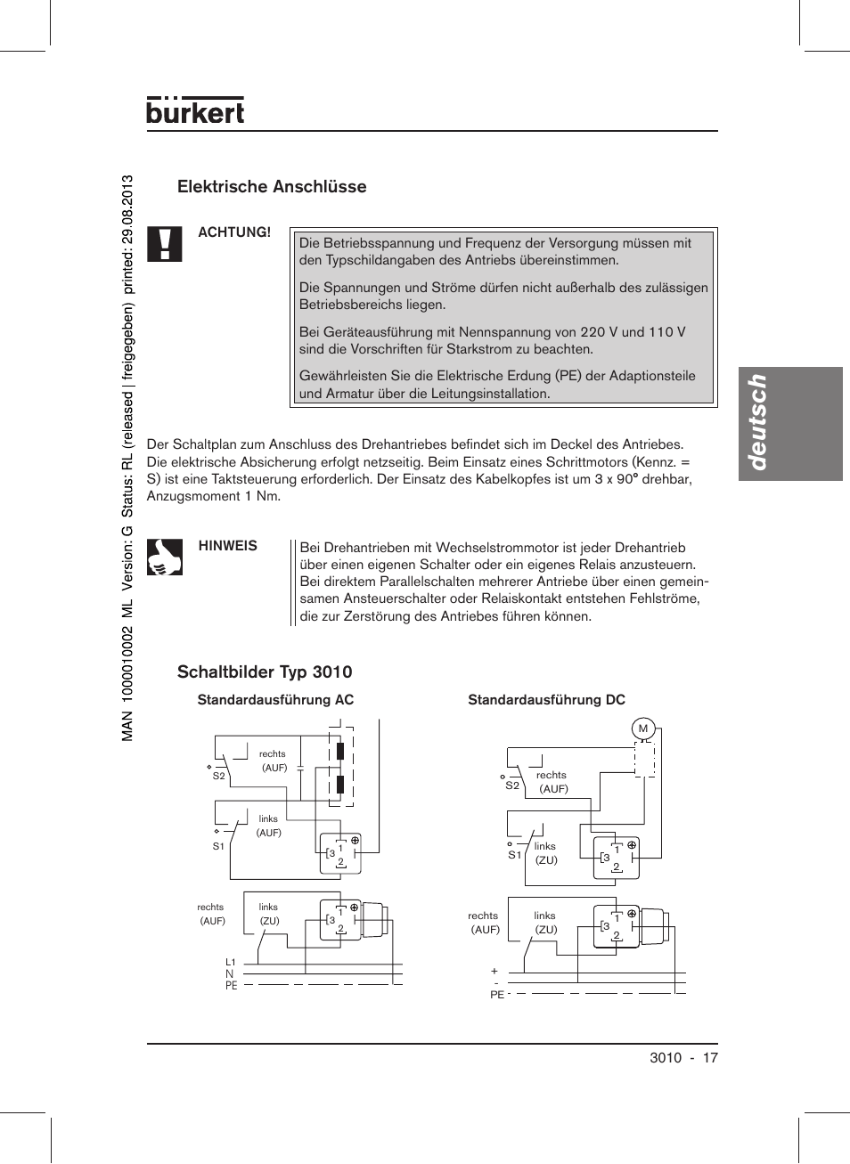 Deutsch, Elektrische anschlüsse, Schaltbilder typ 3010 | Burkert Type 3010 User Manual | Page 19 / 34