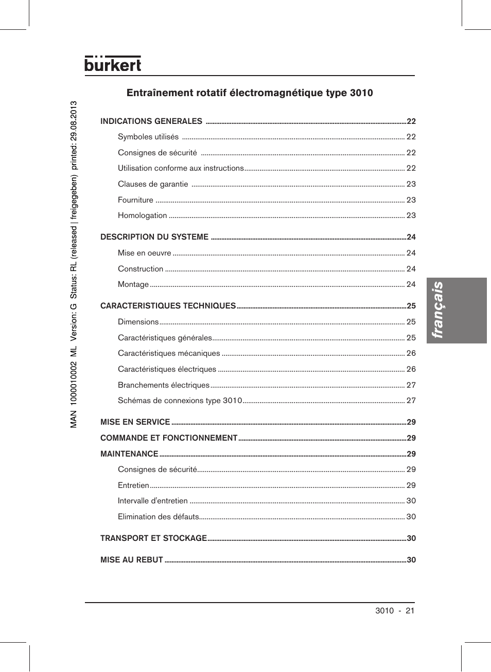 Français, Entraînement rotatif électromagnétique type 3010 | Burkert Type 3010 User Manual | Page 23 / 34