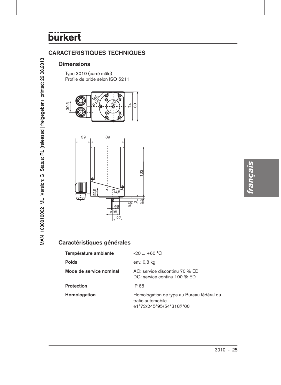 Français, Caracteristiques techniques dimensions, Caractéristiques générales | Burkert Type 3010 User Manual | Page 27 / 34